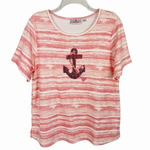 Quacker Factory Sequin Nautical Anchor Coral Pink Striped Short Sleeve Top Large